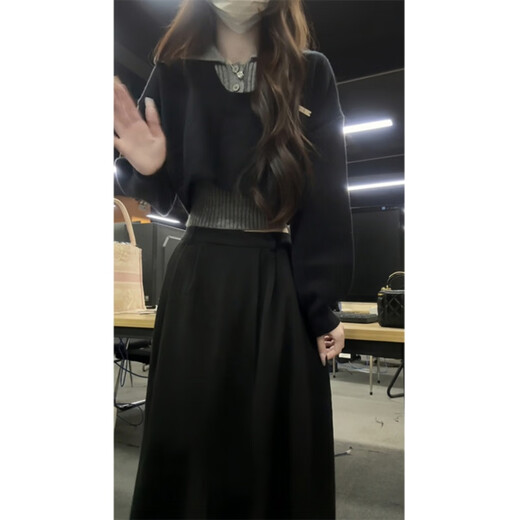 
Oudihui French dress women's autumn 2025 new clothes with a complete set of college-style age-reducing skirt suit Black three-piece set M