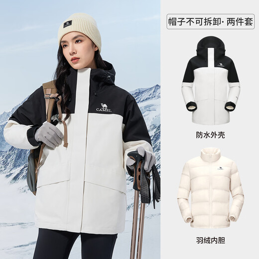 骆驼（CAMEL）三防羽绒冲锋衣男女三合一外套秋季工装幻影黑防水登山服 1098，幻影黑/暖白，女 L