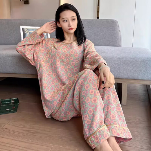 YIMENGTO伊门驼胖mm睡衣女春春大码复古中国风碎花棉纱家居服加肥加大200斤 yz16802 4XL  130-180斤