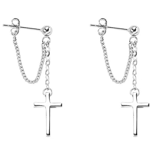 Cai Leiya S925 Silver Cross Earrings Men's Trendy Brand Punk Style Single Earrings Girls' Temperament Earrings to Support Ear Holes Earrings Cross Tassel Earrings Single 925 Silver