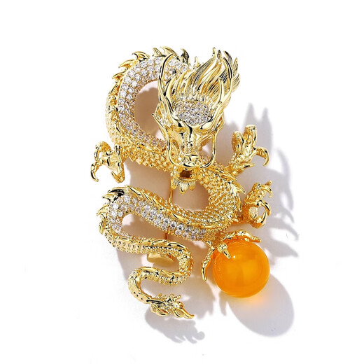 Hongzhuangnuo 2025 birthday gift Zodiac dragon brooch for men and women, high-end coat suit accessories pin XZ0519 Golden Dragon Playing with Pearls brooch, birthday gift, gift box packaging
