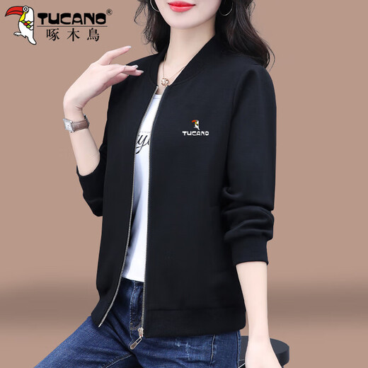 Sweat-shirt noir cardigan à woodpecan pour femmes printemps et automne 2025 Nouveaux vêtements d'automne, collier de support petit et à la mode