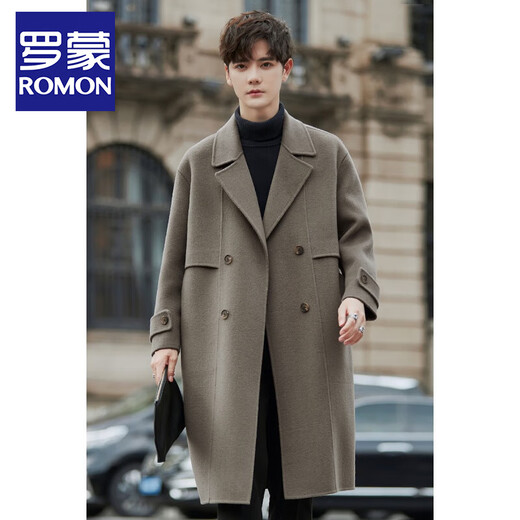 罗蒙（ROMON）双面羊绒大衣男士中长款冬季加厚高级感羊毛呢子过膝风衣男生外套 黑色 L 建议120-130斤