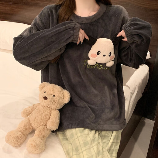 婉曼朵法兰绒睡衣少女秋冬季新款加厚加绒珊瑚毛绒圆领凯蒂猫冬天家居服 844# XL
