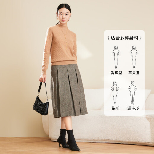 Chunzhu 100% sheep wool loose 3D plaid temperament slimming half turtleneck sweater base basic sweater women's top apricot color XXL/110