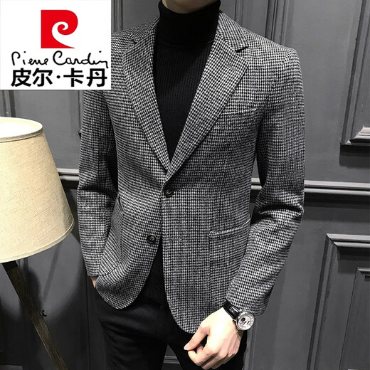 Pierre Cardin autumn houndstooth suit men's jacket men's casual single-piece plaid small suit single suit British men's fashion knitted dark gray 56/2XL