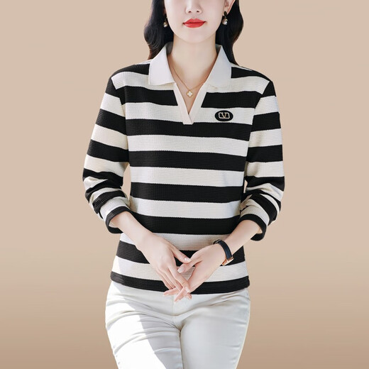 Fangluyu long-sleeved T-shirt for women in spring and autumn new middle-aged mother high-end cotton lapel POLO shirt casual T-shirt loose T-shirt 6636 burgundy 2XL single size recommended to wear 120-129 Jin [Jin equals 0.5 kg]