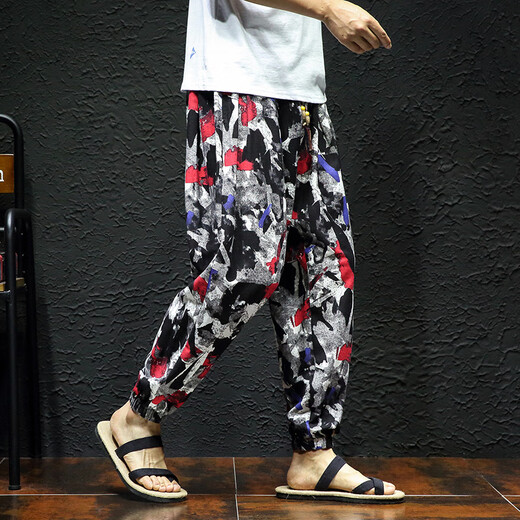 Huatianmu Spring and Autumn Casual Pants Men's Cropped Pants Fashion Loose Men's Trendy Printed Pants Personalized Harem Pants 9-point pants Brown 2XL
