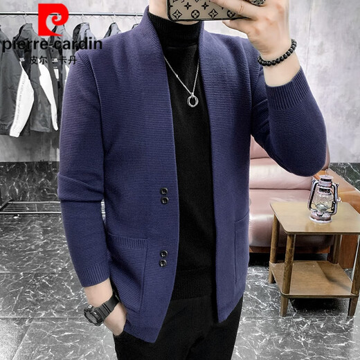 Pierre Cardin brand wool cardigan men's trendy slim jacket 2025 spring and autumn thickened men's knitted cardigan sweater jacket dark gray L