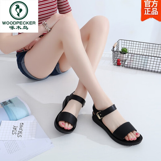 Specht Arbeiten Sandalen 2025 Neue flache Sohle komfortable einfache Einheit ein Linie Soft Soft Owes Ufer Vielseitige Online-Nicht-Schlupf-Frauenschuhe Sommer Schwarz 832 Standardgröße 33