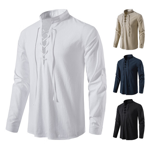 Men's Henley Medieval Retro Shirt Lace-Up Long Sleeve Shirt Nordic Style Renaissance Punk Performance Costume Navy L