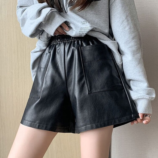 Lanqi shorts women's outer leather pants spring and autumn black hot pants 2025 new style with boots boot pants high waist versatile black vertical purse leather shorts L 100-120 Jin Jin equals 0.5 kg