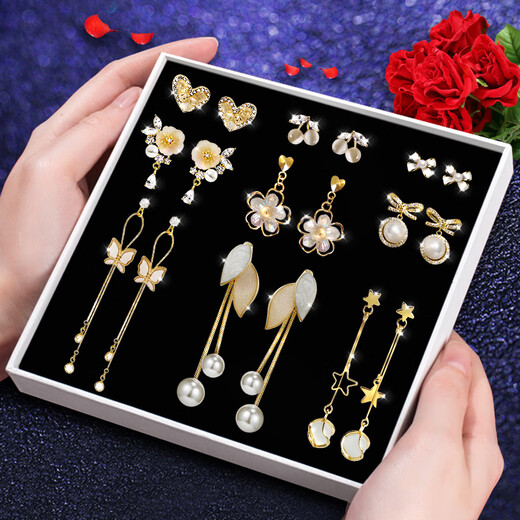 SENDME birthday gift for my wife S925 silver needle earrings, earrings, women's week earrings, fashion gift box, 9 pairs of earrings set, gift box