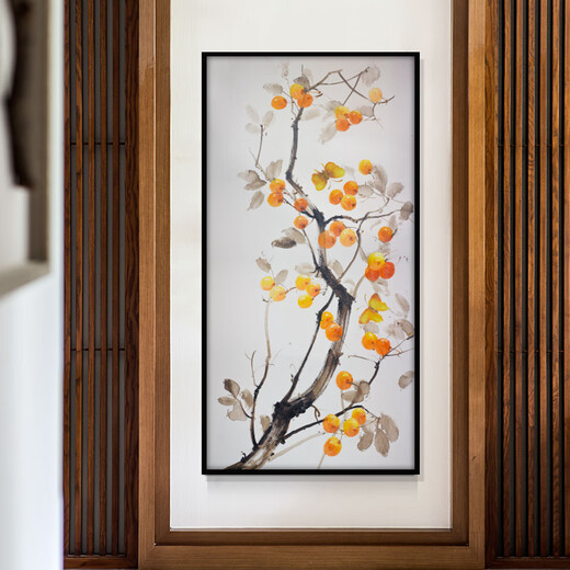 格绿美新中式入户玄关柿子事事如意装饰画客厅墙画走廊挂画竖版 W687 装好框40*80厘米单幅价