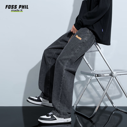 Foss Phil牛仔裤子男士春夏季宽松阔腿直筒裤子休闲裤838黑灰3XL