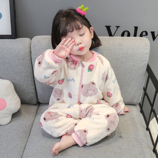 Papi Monkey children's one-piece pajamas coral velvet baby girl autumn and winter plus velvet thickened flannel crawler cartoon baby sleeping bag pink double layer 90 size recommended 1-2 years old (height around 85)