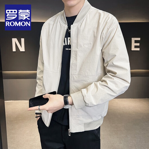 罗蒙（ROMON）棒球领外套男夹克上衣春秋季新款高端潮牌休闲男士立领飞行员夹克 米白色 L (高165-175\重115-135)