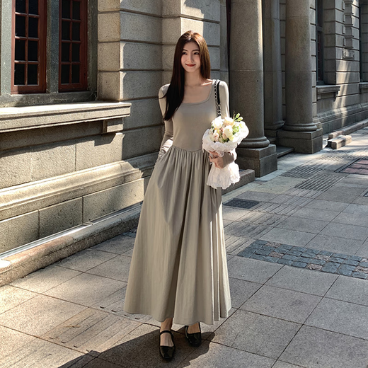 Ono seven-day square collar autumn long-sleeved dress for women French temperament high-end tea waist-retracting and slimming A-line long skirt card color long-sleeved dress M

