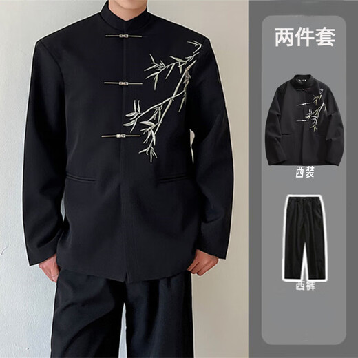 JIAYE Spring and Autumn New Chinese Style Stand Collar Green Bamboo Ethnic Style Tang Suit Jacket Men's Zhongshan Suit National Style Jacket Men's Groom's Clothing Black Jacket + Black Trousers Green Bamboo XL Recommended 120-140 Jin Jin equals 0.5 kg
