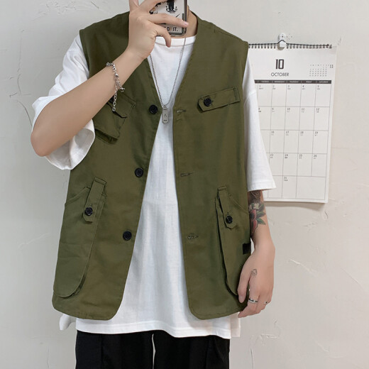 @numberoneyouthMishas vest vest outer wear men's ins Hong Kong style jacket thin summer trendy brand hip-hop vest jacket military green L
