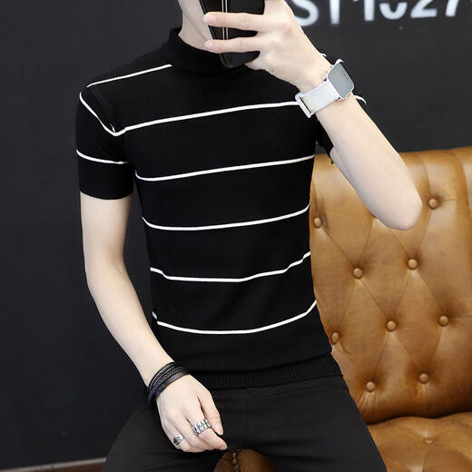 Suéter de manga corta Wanpai Mo para hombres en otoño e invernal estilo coreano estilo coreano Fit de moda y guapo base de personalidad Sweater Sweater Stripes-9901 Negro L 105-120Jin [Jin equivale a 0.5 kg]