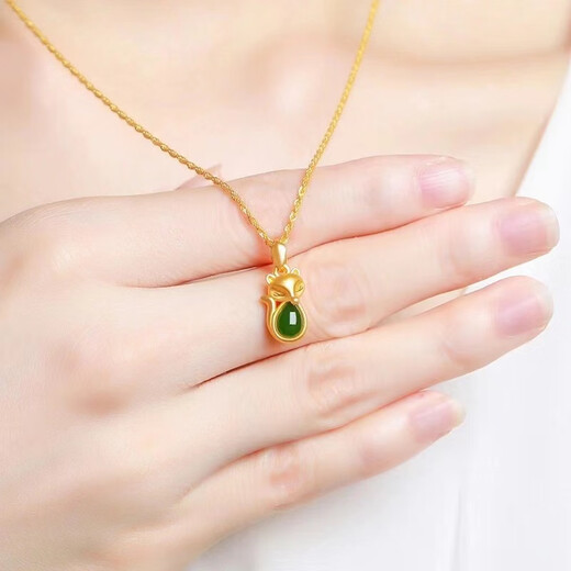 Holy glass gold inlaid with jade and Hetian jade gold peace buckle pendant 18K color gold fox necklace 2021 new style for girlfriend Jasper fox necklace