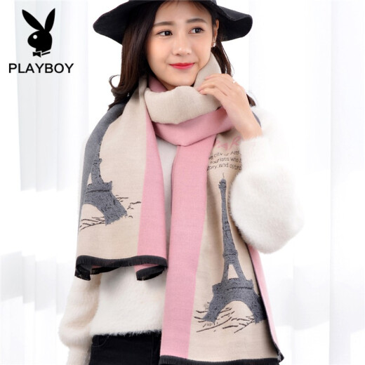 Playboy Scarf Women's Winter Warm Thickened Scarf Air Conditioning Shawl Korean Style Fashion Long Color-blocking Two-Purpose Scarf Gray Pink 1