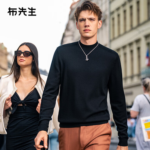 布先生半高领100%羊毛衫2025秋季肌理感罗纹领毛衣男PT15583 钢琴黑 S (165)