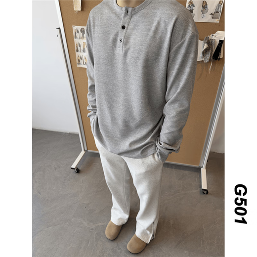 FR.YH.ZH2024 Autumn versatile Henry collar long-sleeved T-shirt men's casual sports waffle Polo shirt T-shirt top black XL