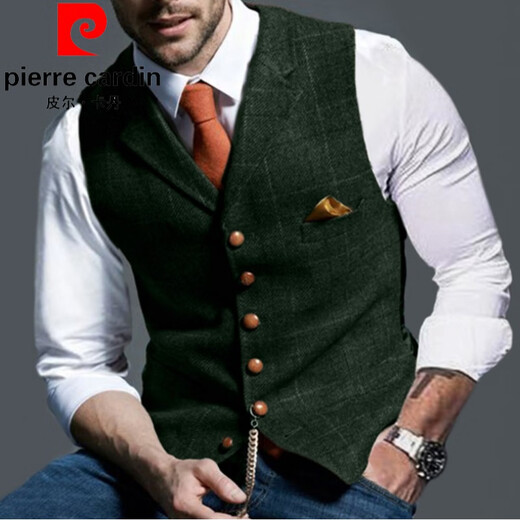 皮尔卡丹（pierre cardin）英伦复古西装马甲男粗花呢修身商务正装马夹伴郎团结婚礼服针织 无领黄色 2XL