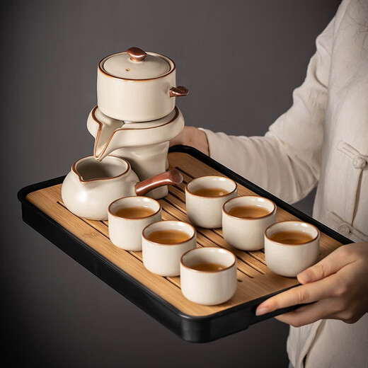 Porcelain brand tea set Ru Kiln automatic tea set set Ceramic stone mill lazy tea making artifact household anti-scalding Kung Fu tea set complete set Beige Ru Kiln single tea set + fair cup 1 piece