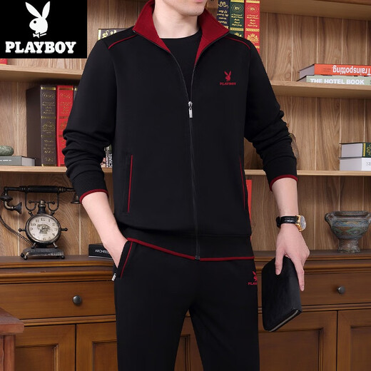 Playboy Sports-Anzug Herren-Herren-Set Frühling und Herbst neuer Dad-Anzug großer Größe mittleren und älteren Gelegenheits-Running-Sportanzugs 3937 Black [Frühlings- und Herbst-Drei-teiliger Set] 3xl [Vorgeschlagen 161-180jin [Jin entspricht etwa 0,5 kg]]