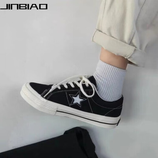 Jinbiao five-pointed star black 2021 new retro male and female students versatile Korean version ulzzang Hong Kong style ins canvas shoes male star low state-black 42 men