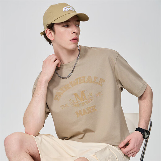 
Mark Huafei [pure cotton] short-sleeved T-shirt for men 25 spring and summer new round neck letters embroidered comfortable breathable loose men's T-shirt 701 khaki (silhouette version) S (height 155-165 weight 55-60)