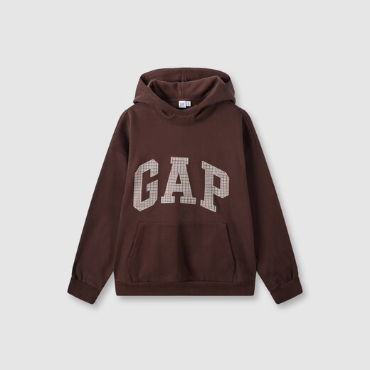 GAP men's and women's carbon soft-rubbed fleece plaid logo hooded sweatshirt top 609221 brown 170/92A (M) Asian size