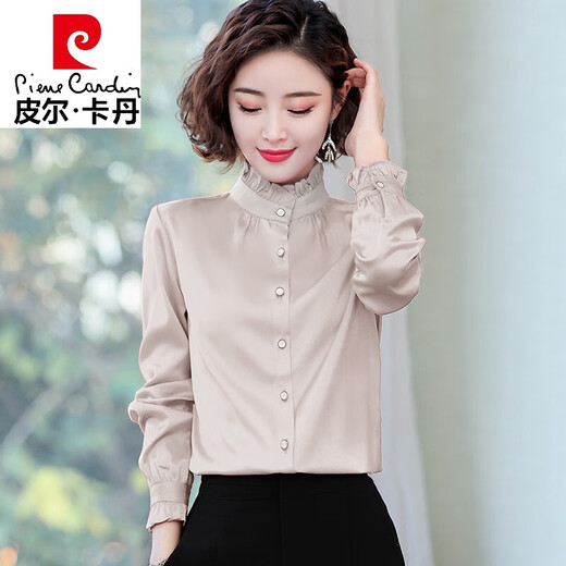 Pierre Cardin Stand Halsband Chiffon Shirt Frauen Langarm 2023 Frühling und Herbst Neues modisches Basishemd mit hohem Hals mit mittlerem Alter CZP5012 Aprikosenfarbe 3xl