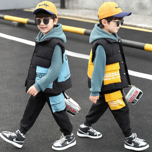 [Fleece and Thickened] Children's Clothing Boys Suit Children's Winter Clothes 2020 Autumn and Winter Boys Fashion Vest Hooded Sweatshirt Pants Three-piece Set Black 140 Size Recommended Height 130CM