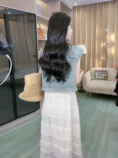 
WVIRTJE long dress with high-end latest style this year's popular denim vest lace suspender suit for women in summer. White suspender skirt + vest 694# [high quality suit M [recommended 95-105Jin [Jin equals 0.5 kg]]