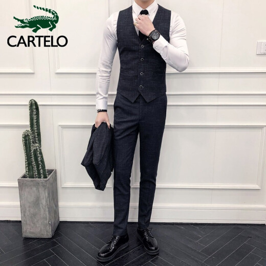 CARTELO crocodile suit men's business casual three-piece suit men's professional formal groom groomsman plaid suit suit male 1F224101886 black gray L