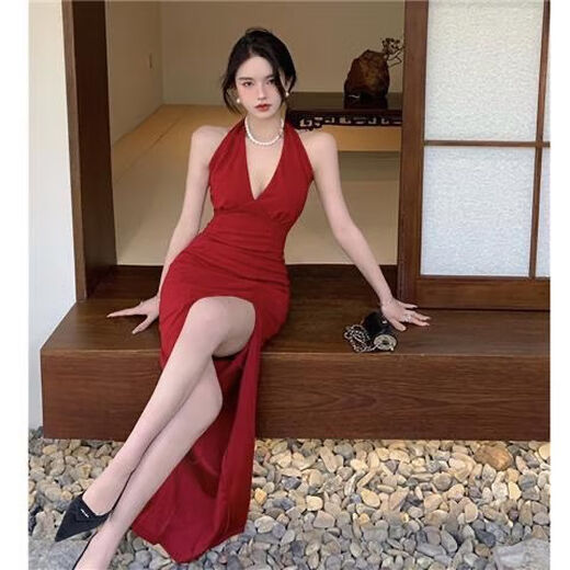 Vestido sexy LPOX con un vestido de cuello halter de hendidura para mujeres, vestido pequeño de gama alta de Xia Hepburn Slim Sexy Long Black L [105-115Jin [Jin equivale a 0.5 kg]]]