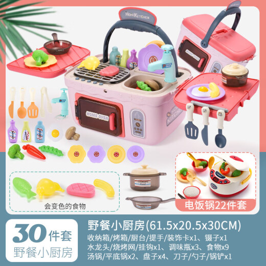 Children's play house simulated barbecue and vegetable washing small pool for boys and girls baby cooking kitchen utensils kitchen toy set birthday gift Douyin Internet celebrity same style barbecue and vegetable washing two-in-one picnic box [red] + rice cooker 22-piece set