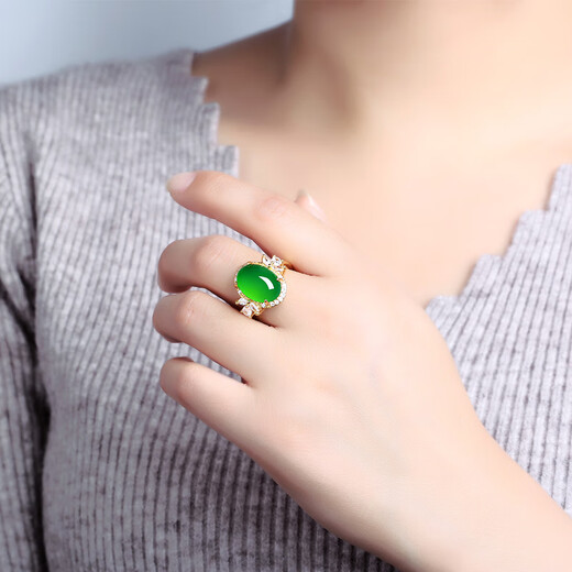 Feishengji Fat Donglai same style 18k gold jadeite ring high ice type red natural agate egg face live ring chalcedony green agate/18k gold ring