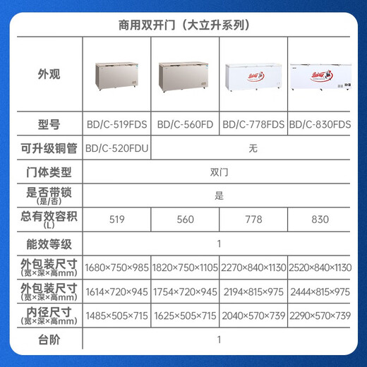白雪金色冰柜620、760、850升 双顶开门 商用卧式大容量单温冰柜冷冻冷柜节能冰箱 BD/C-850FD【2104*854*945】