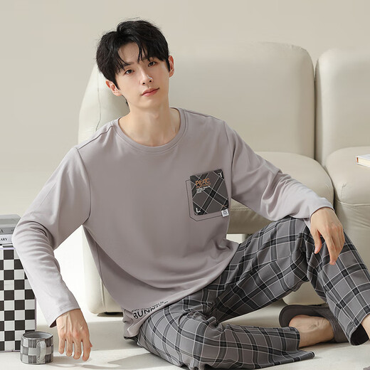Langsha pajamas men 100% pure cotton long sleeve men's home clothes autumn and winter comfortable cotton men's pajamas pajamas and pants suit 16780 L