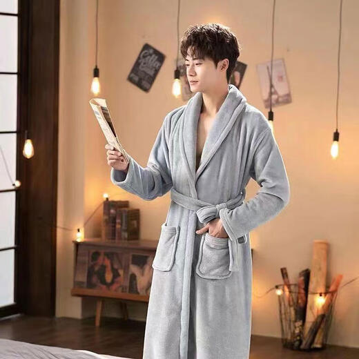 Yalu 25th Autumn and Winter New Men's Nightgown Coral Velvet Home Clothes Warm Flannel Large Size Bathrobe Large Size Home Clothes NSCJF-Light Gray Bathrobe Men's Y809 One Size