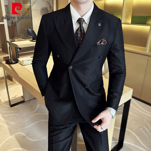 Pierre Cardin double-breasted brown high-end handsome suit men's suit Korean version slim wedding groom small suit jacket navy blue (suit + pants) 2XL