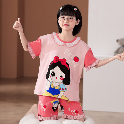 曼妮朵夏季儿童库洛米睡衣薄款卡通套装小女孩纯棉短袖女大童家居服全棉 M6636女【双短】 130cm 14码建议125-135cm