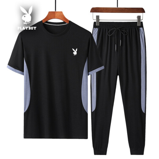 Playboy short-sleeved T-shirt men's solid color sports 2 suit cotton 2020 cotton summer new Korean version loose lapel trendy T-shirt bottoming shirt large size casual clothes men's nine-point pants black 422XL