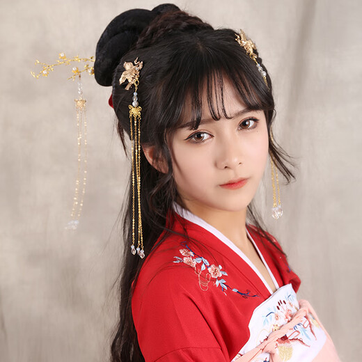 Wanbaozi Hanfu Headdress Female Qiongzhi Jade Leaves Hairpin Ancient Costume Fairy Performance Accessories Step Shake Hairpin Tassel Ancient Style Hair Accessory Golden Hairpin with Two Tassels