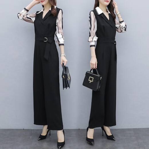 Hanya Jumpsuit 2021 Spring New Korean Fashion Casual Black Jumpsuit High Waist Wide Leg Pants Suit Black XL